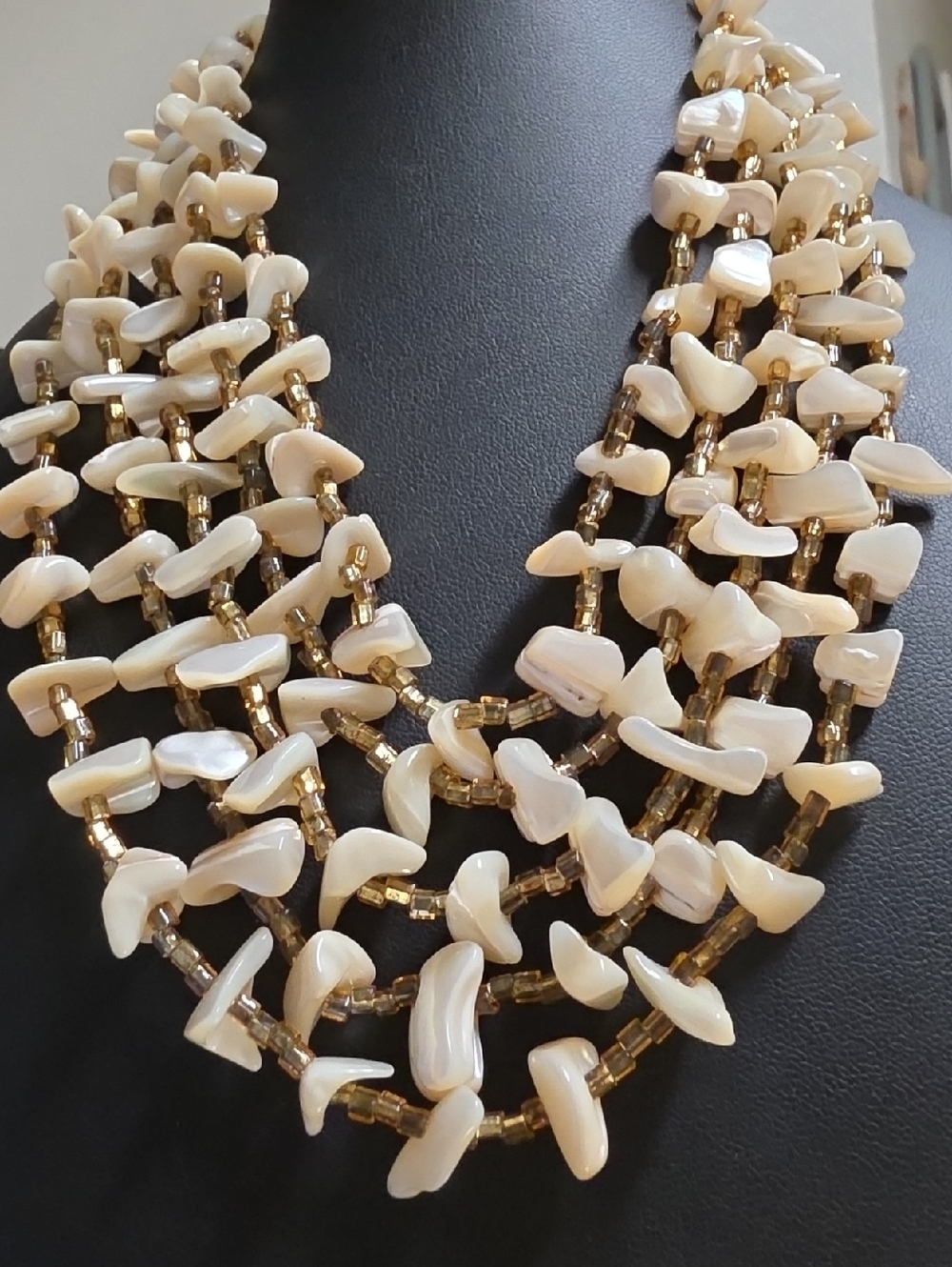Vintage Japan Mother Of Pearl 5 Strand Tiered Statement Necklace